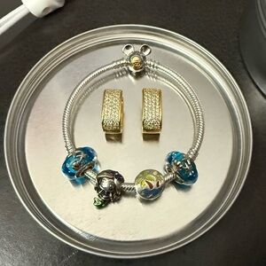 Set of Disney Sterling Silver charm bracelet 18cm and earrings